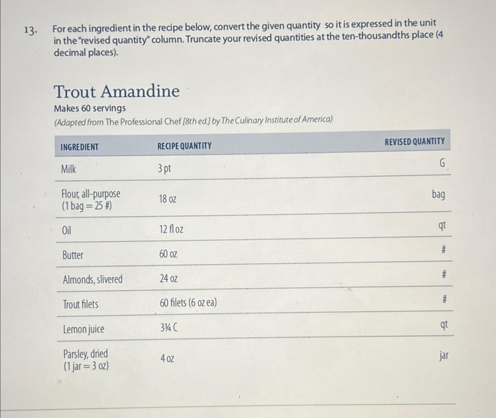 Solved For each ingredient in the recipe below, convert the | Chegg.com