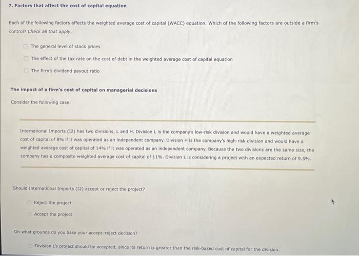 Solved 7. Factors that affect the cost of capital equation | Chegg.com