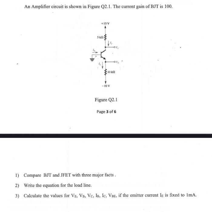 Solved An Amplifier circuit is shown in Figure Q2.1. The | Chegg.com