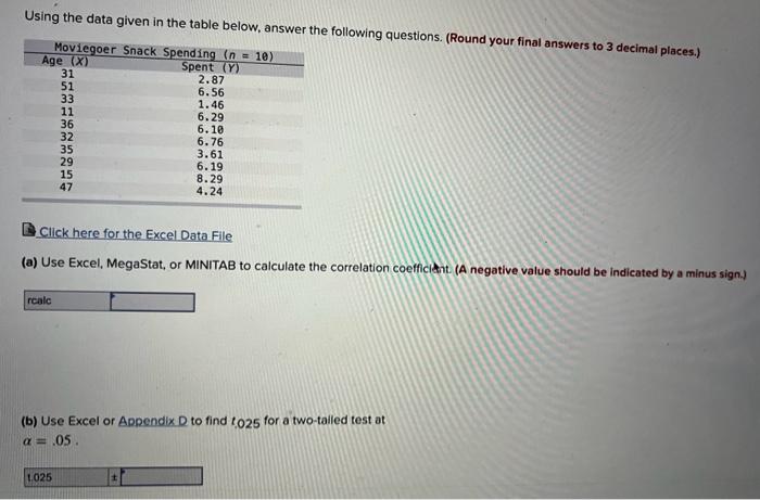 Solved Using The Data Given In The Table Below, Answer The | Chegg.com