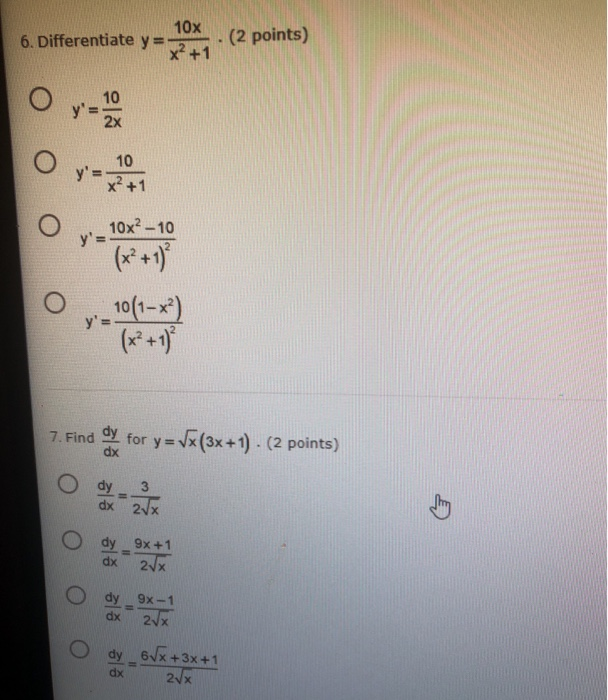 Solved 10x 6 Differentiate Y X2 1 2 Points O Y 10 Chegg Com