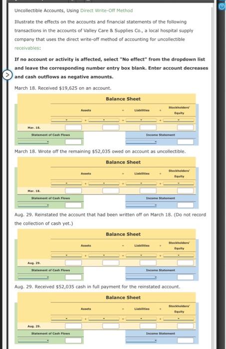 Uncollectible Accounts, Using Direct Write-Off Method
Illustrate the effects on the accounts and financial statements of the 