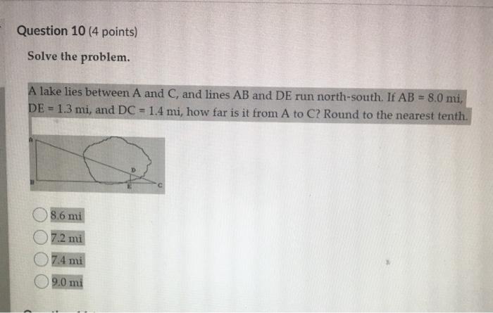 Solved Question 10 (4 points) Solve the problem. A lake lies | Chegg.com