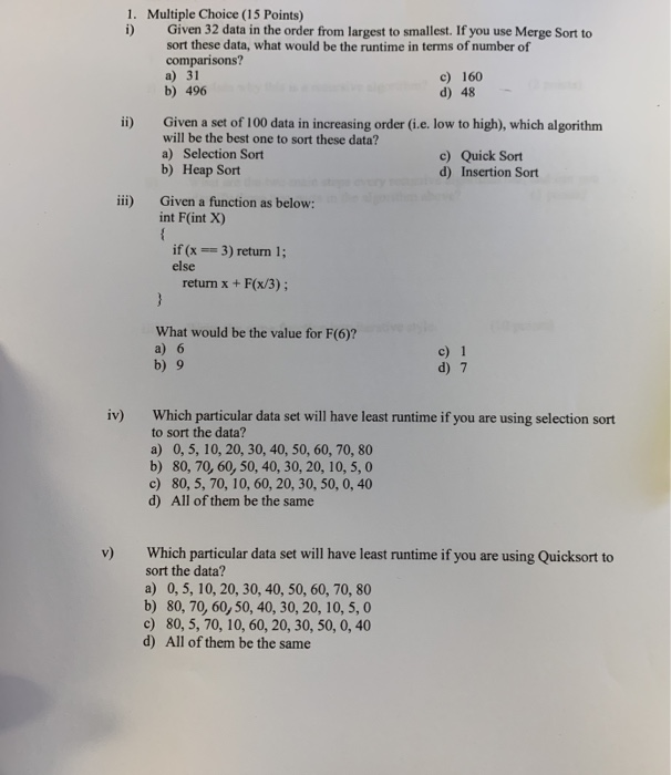 Solved 1. Multiple Choice (15 Points) Given 32 data in the | Chegg.com