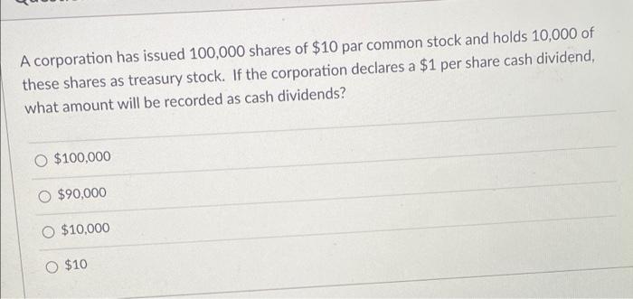 Solved A Corporation Has Issued 100,000 Shares Of $10 Par | Chegg.com