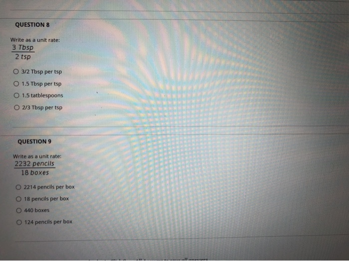 Solved QUESTION 8 Write as a unit rate 3 Tbsp 2 tsp O 3/2