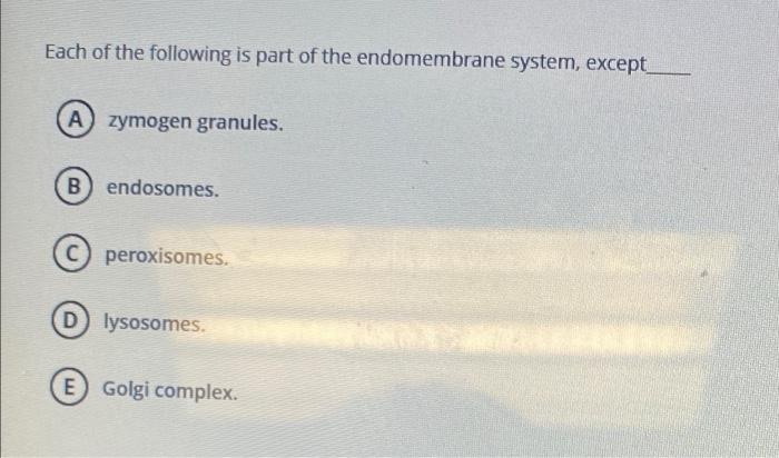 Solved Each of the following is part of the endomembrane | Chegg.com