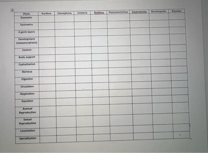 Solved phylum characteristics worksheet. i need some help | Chegg.com