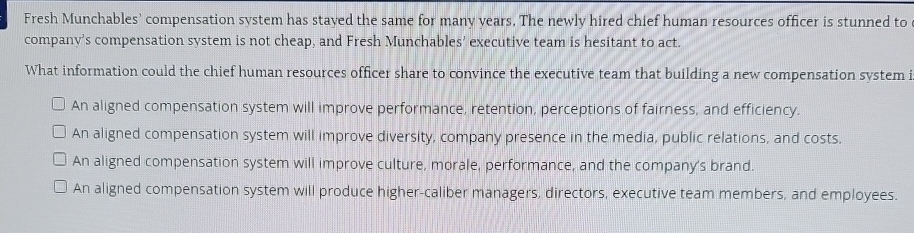 Solved Fresh Munchables' compensation system has stayed the | Chegg.com