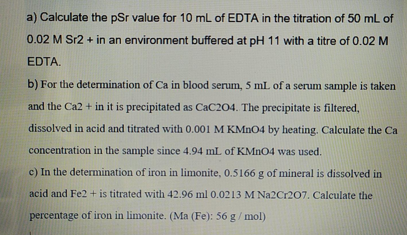 Solved a) Calculate the psr value for 10 mL of EDTA in the | Chegg.com