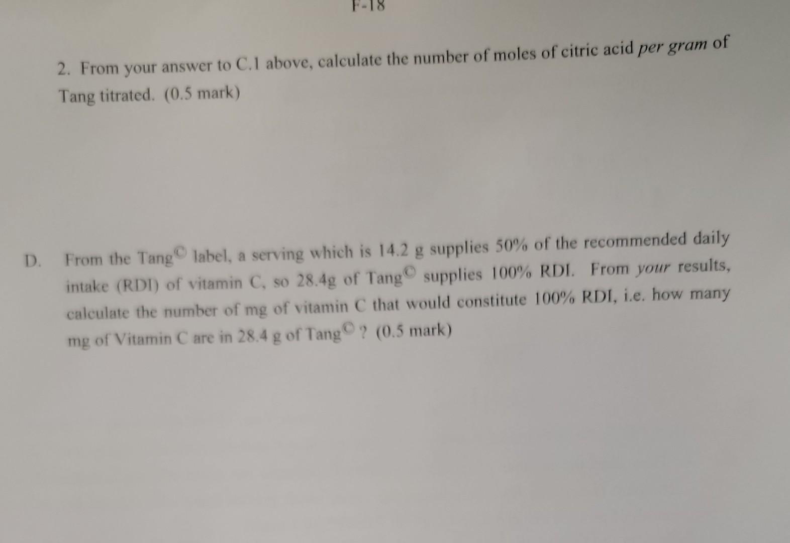 Solved part iv titration with naoh for tang c a 1 chegg