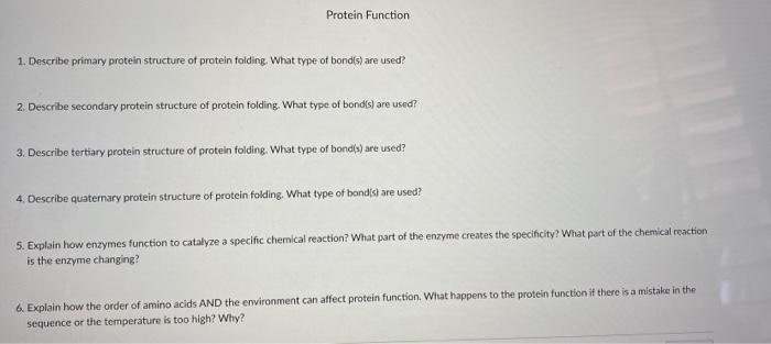 Solved Protein Function 1. Describe primary protein | Chegg.com
