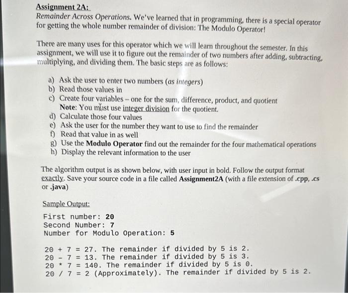 Solved Assignment 2A: Remainder Across Operations. We've | Chegg.com