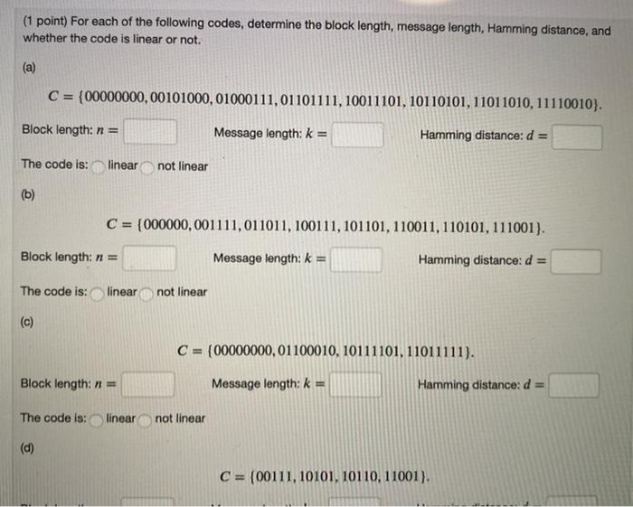 Solved (1 point) For each of the following codes, determine | Chegg.com