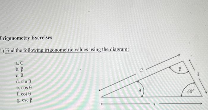 Trigonometry Exercises
1) Find the following trigonometric values using the diagram:
a. C
b. \( \beta \)
c. \( \theta \)
d. \