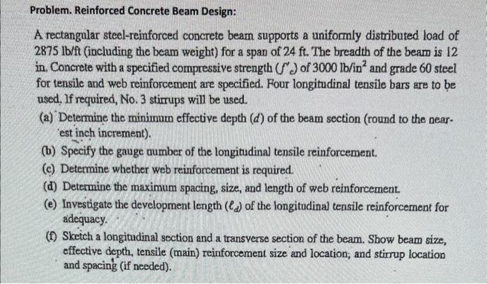 Solved Problem. Reinforced Concrete Beam Design: A | Chegg.com