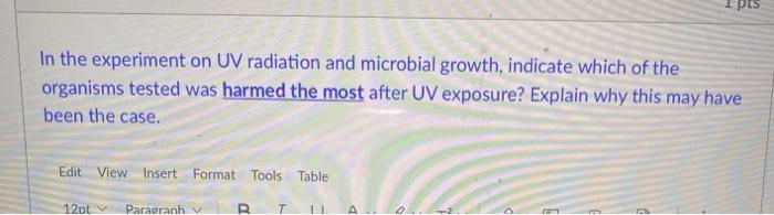 Solved Pts In The Experiment On UV Radiation And Microbial | Chegg.com