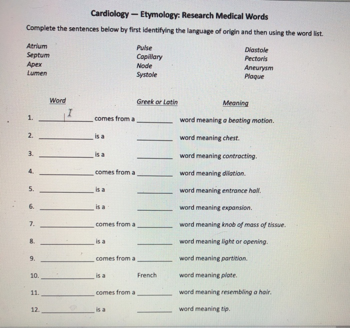 Solved Cardiology Etymology Research Medical Words