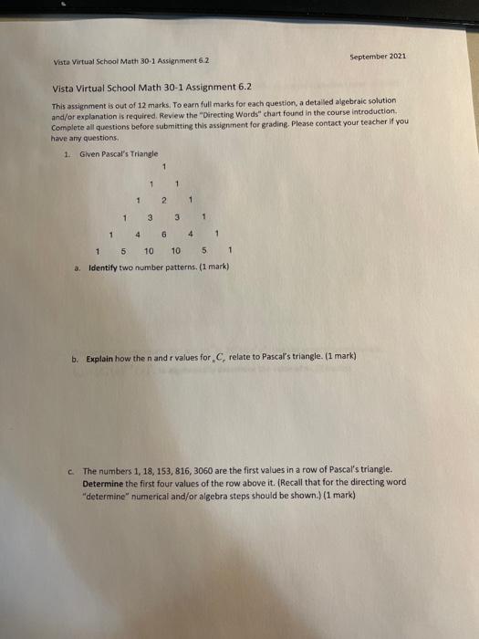 Solved Vista Virtual School Math 30-1 Assignment 6.2. | Chegg.com