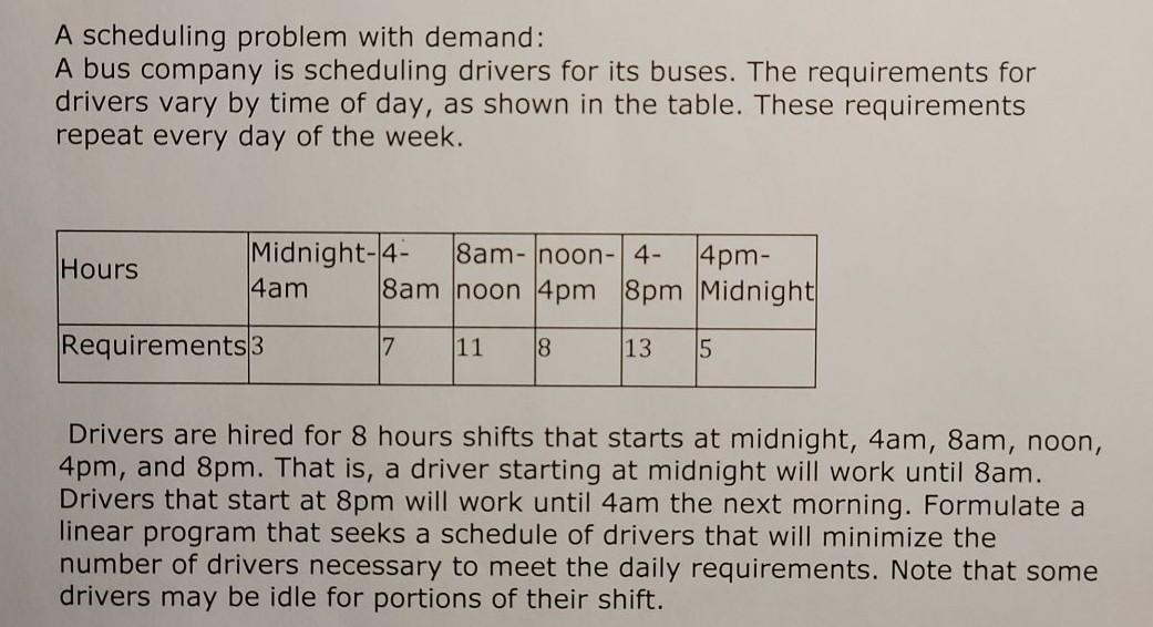 Solved A scheduling problem with demand: A bus company is | Chegg.com