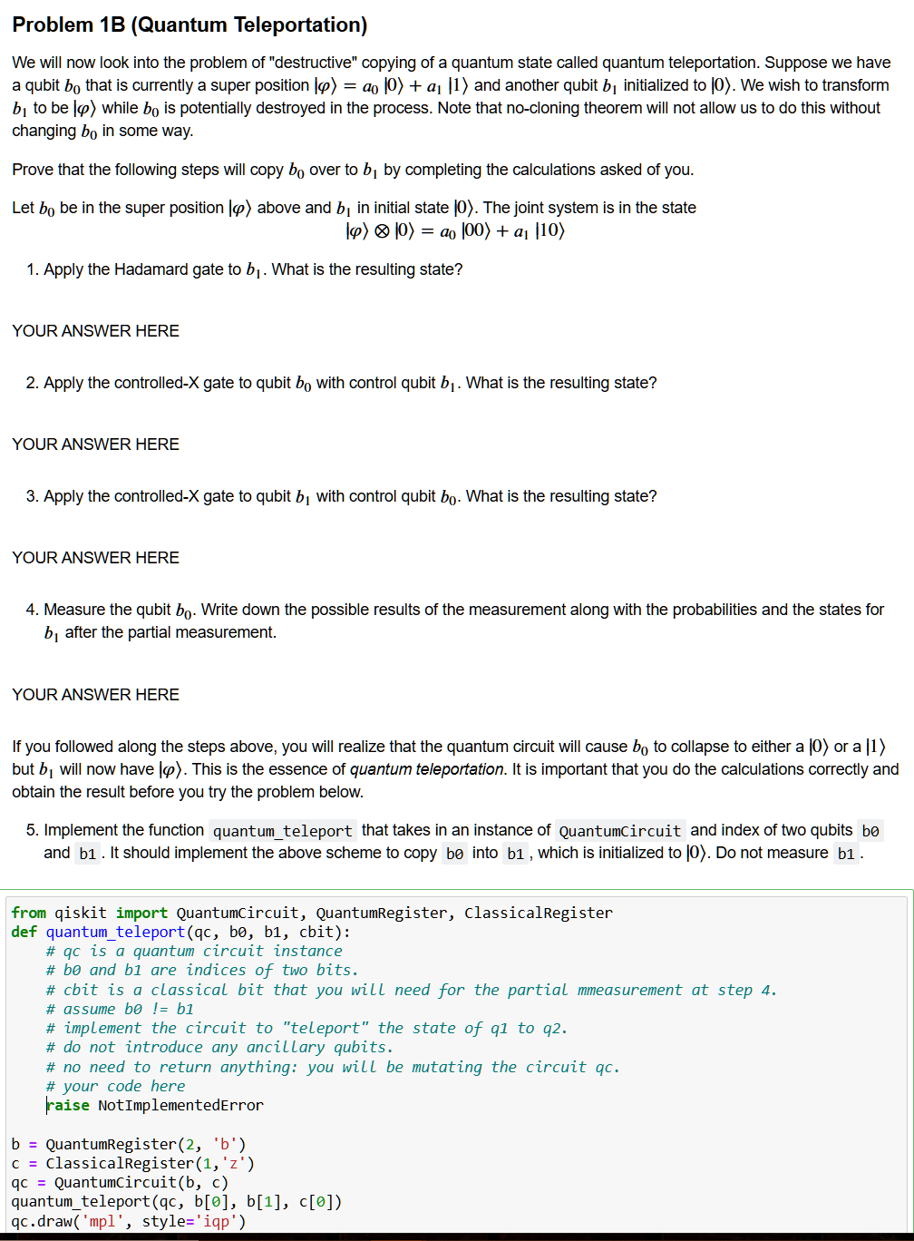 Solved Problem 1B (Quantum ﻿Teleportation)We ﻿will now look | Chegg.com