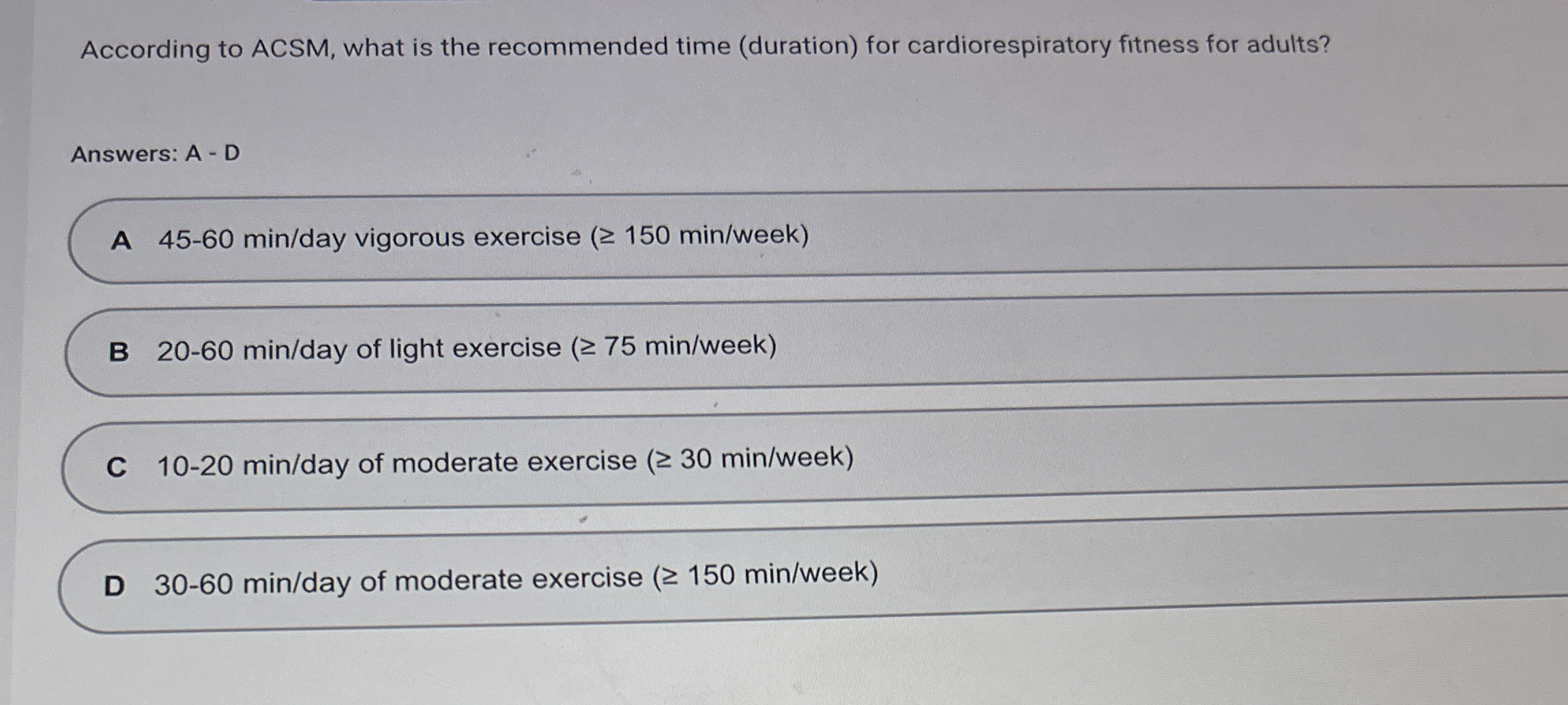 Solved According to ACSM, what is the recommended time | Chegg.com