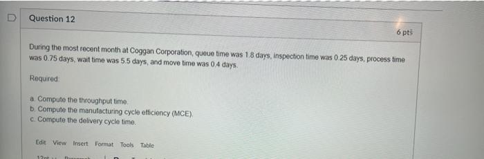 Solved D Question 12 6 pts During the most recent month at | Chegg.com