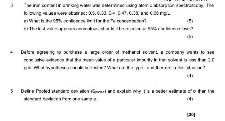 Solved 3 The iron content in drinking water was determined | Chegg.com