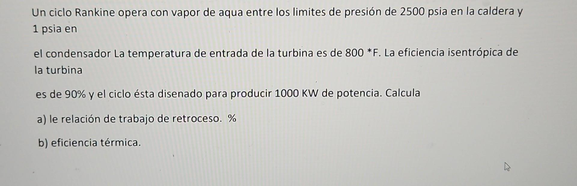 Un ciclo Rankine opera con vapor de aqua entre los limites de presión de 2500 psia en la caldera y 1 psia en el condensador L