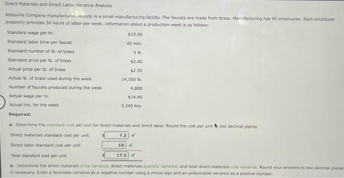 Solved Direct Materials and Direct Labor Variance Analysis | Chegg.com