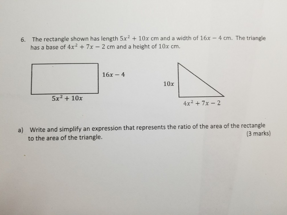 Solved 6. The rectangle shown has length 5x2 + 10x cm and a | Chegg.com