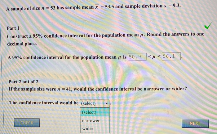 Solved A sample of size n = 53 has sample mean x = 53.5 and | Chegg.com