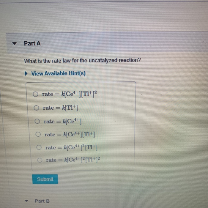 Solved Part A What Is The Rate Law For The Uncatalyzed Chegg Com