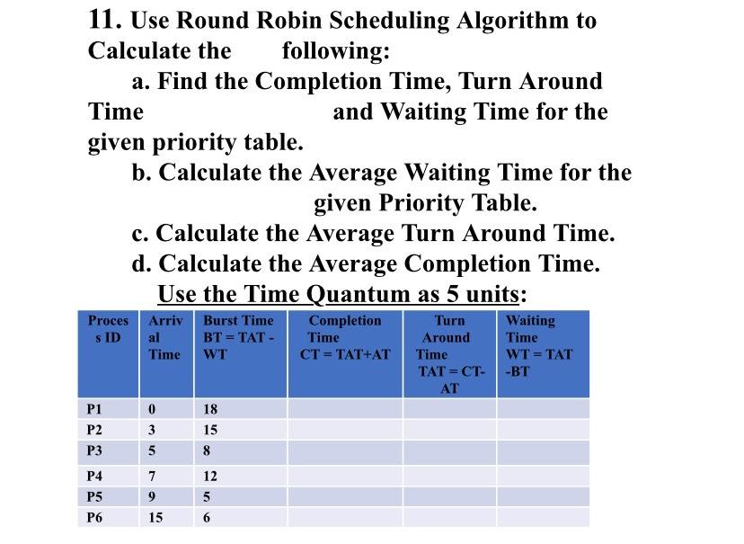Solved Use Round Robin Scheduling Algorithm to Calculate the | Chegg.com
