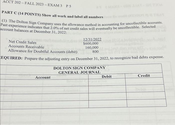 Solved ACCT 202- FALL 2023 - EXAM 3 P5 PART C (14 POINTS) | Chegg.com
