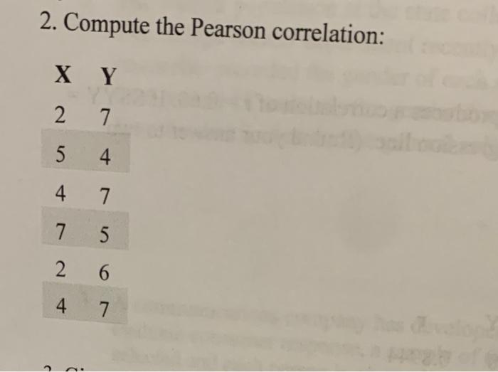 Solved 2 Compute The Pearson Correlation X Y 2 7 5 4 4 7 7 Chegg Com