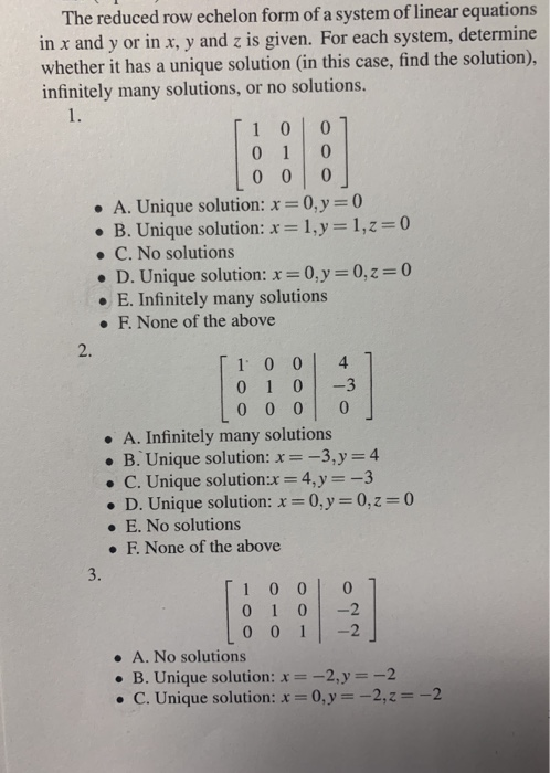 Solved The reduced row echelon form of a system of linear | Chegg.com