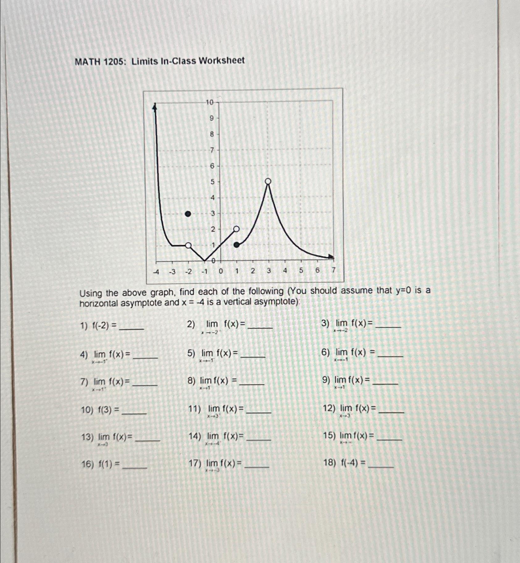 Solved MATH 1205 Limits InClass WorksheetUsing the above
