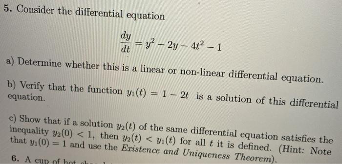 Solved 5. Consider the differential equation dy = y} – 2y – | Chegg.com