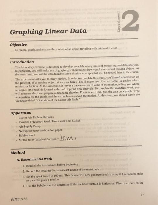 Solved Experiment 2. Graphing Linear Data Objective To | Chegg.com