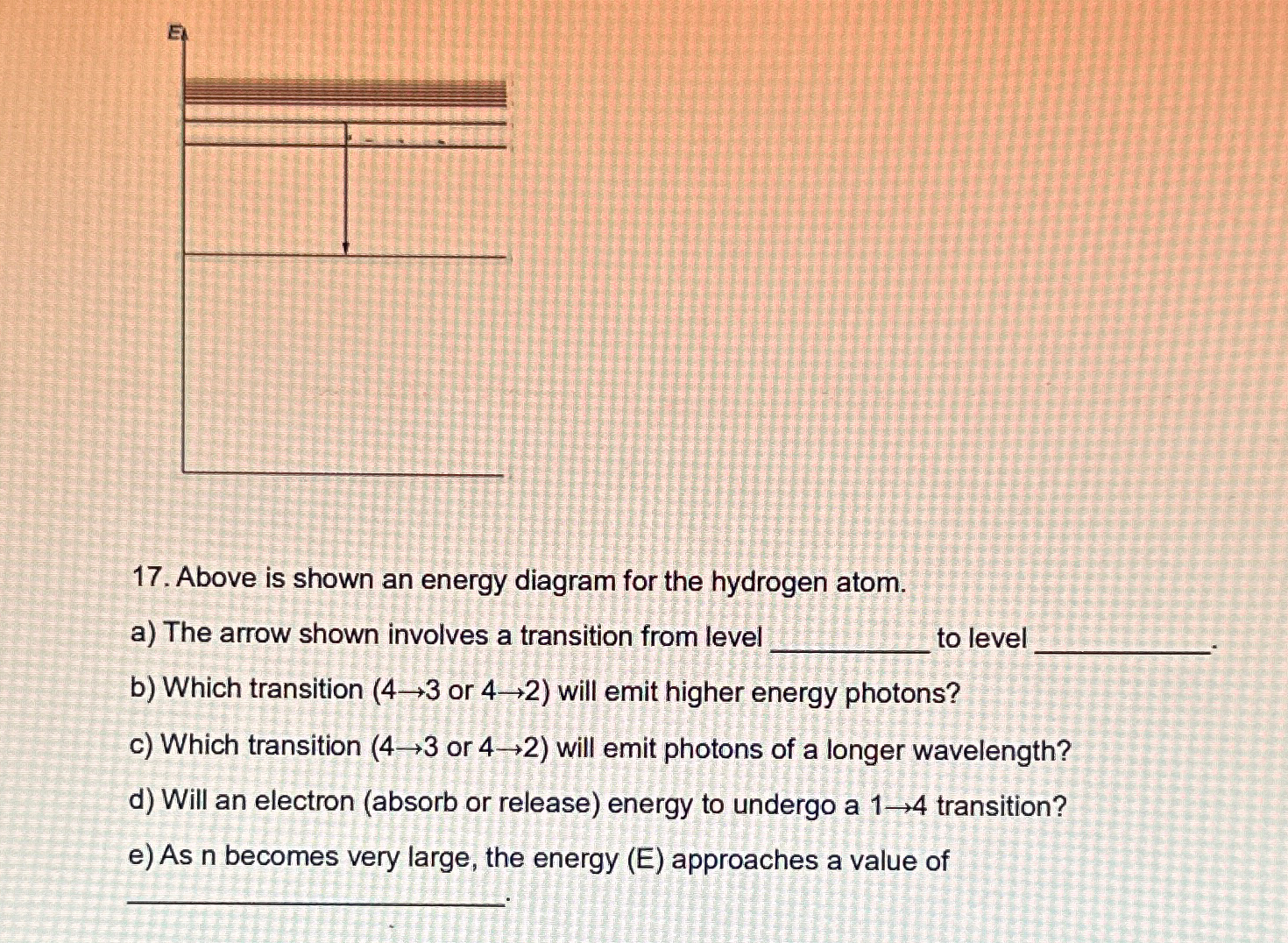 Solved Above is shown an energy diagram for the hydrogen | Chegg.com