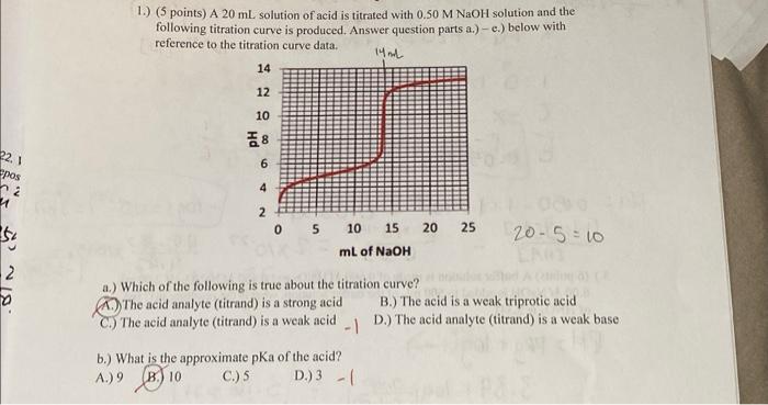Solved 1.) ( 5 points) A 20 mL solution of acid is titrated | Chegg.com