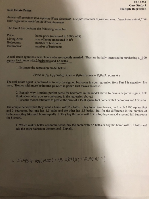 ECO 351 Case Study 1 Multiple Regression Real Estate