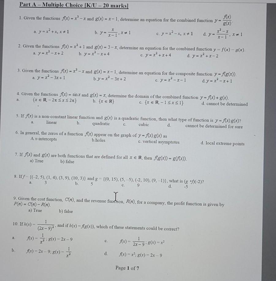 Solved Part A Multiple Choice K U Marks 1 Given Chegg Com