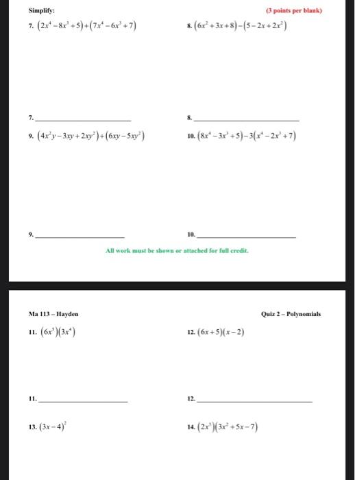 Solved Simplify: (3 points per blank) 7. | Chegg.com