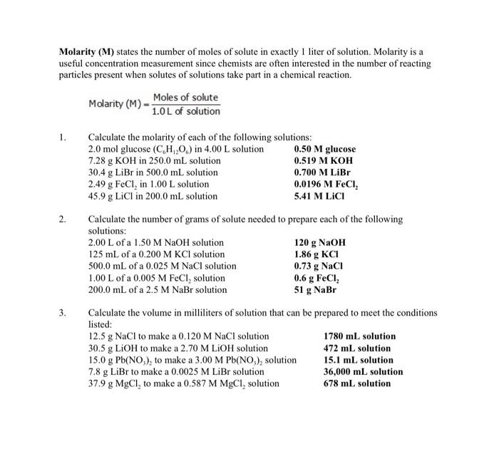 Solved Molarity (M) states the number of moles of solute in | Chegg.com