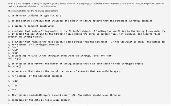 Solved Write a class String Set. A String Set object is | Chegg.com