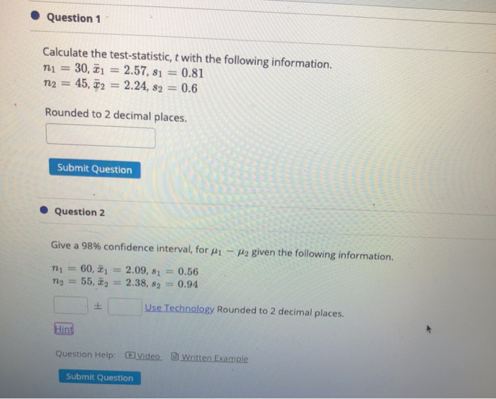 Solved Question 1 ni Calculate the test-statistic, t with | Chegg.com