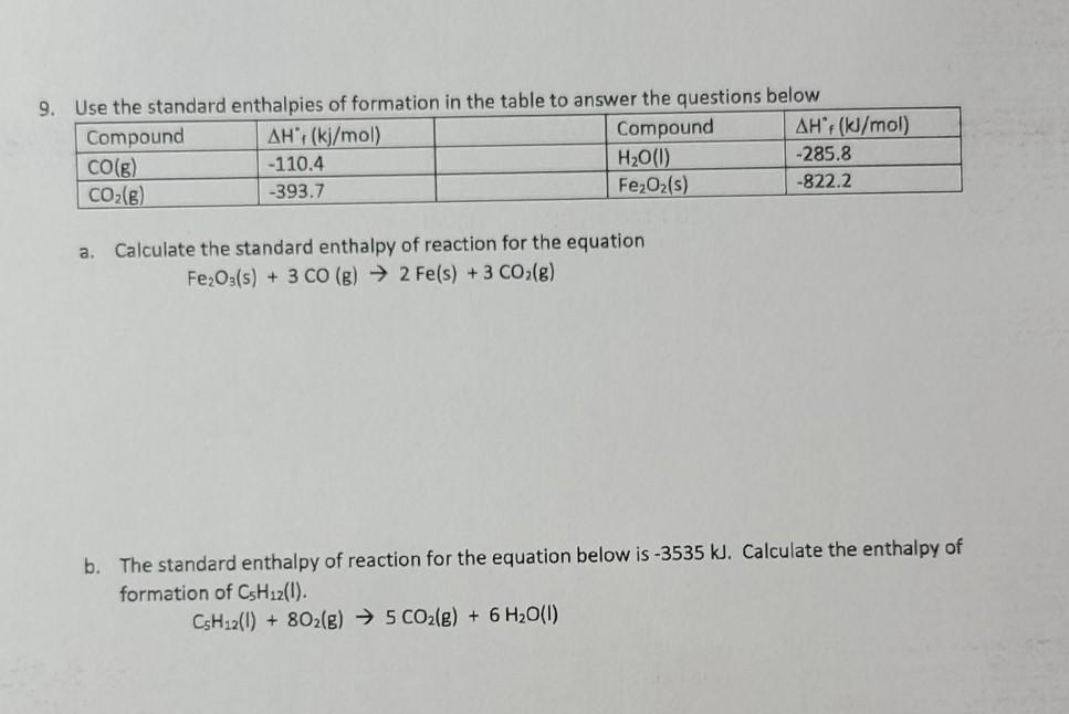 Solved 9. Use the standard enthalpies of formation in the | Chegg.com