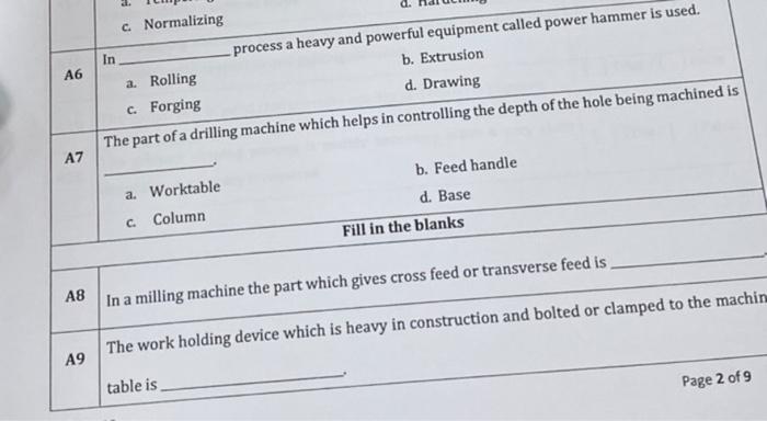 c. Normalizing
In process a heavy and powerful equipment called power hammer is used.
a. Rolling
b. Extrusion
c. Forging
d. D